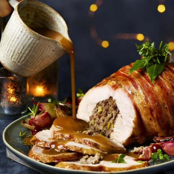 3 Bird Roast with Pork, Apple and Cranberry Stuffing